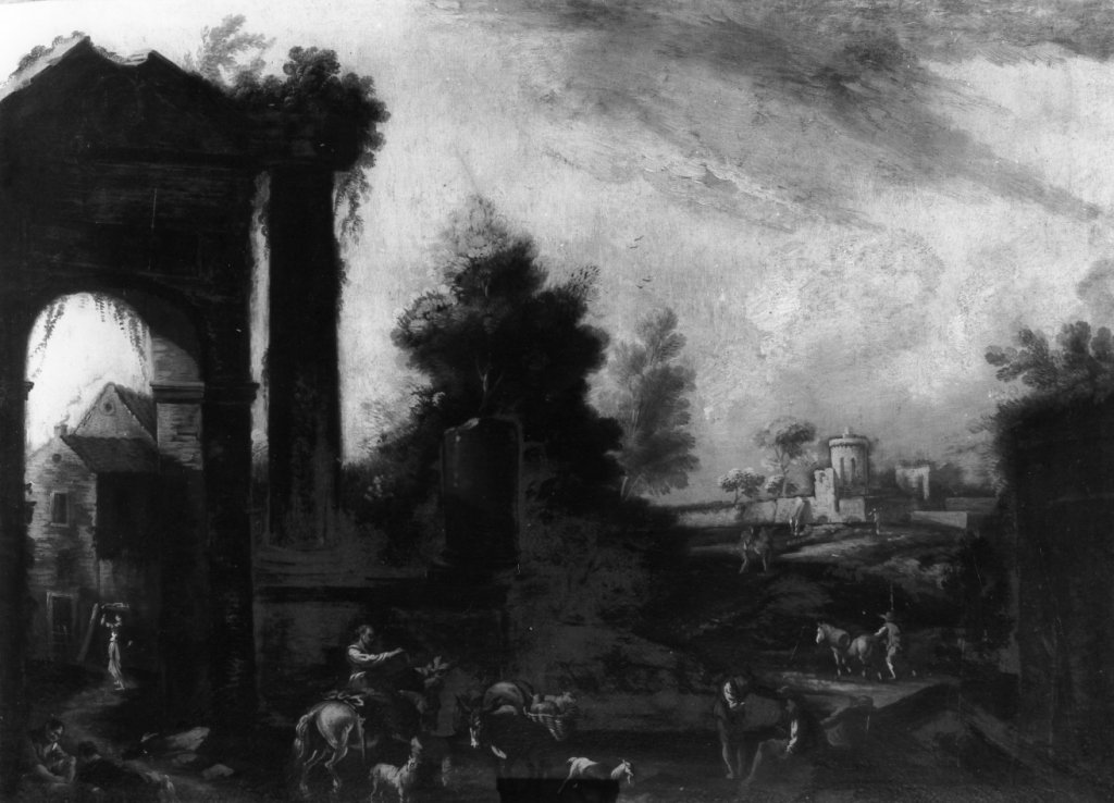 paesaggio con ruderi e pastori (dipinto) - ambito napoletano (fine/inizio secc. 